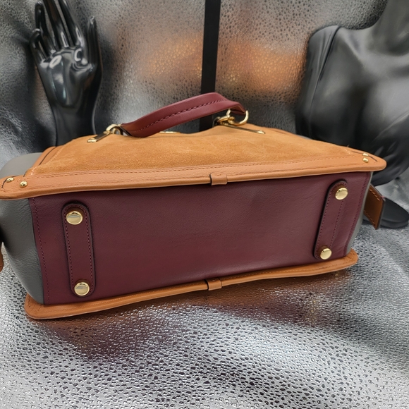 Coach Tan, Gray, and Plum Color Leather and Suade Bag with Sophisticated Design. - Picture 2 of 6
